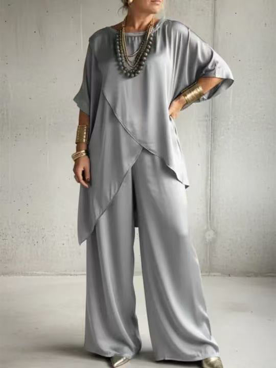 Womens Loose Casual Set With A Crew Neck And Asymmetrical Hem