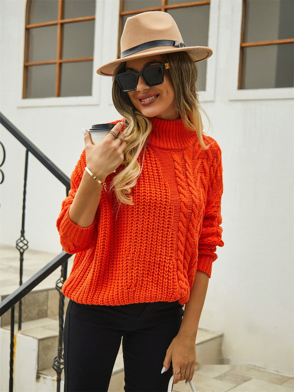 Cable-knit Sweater Plus Size Loose Mock Neck Sweater