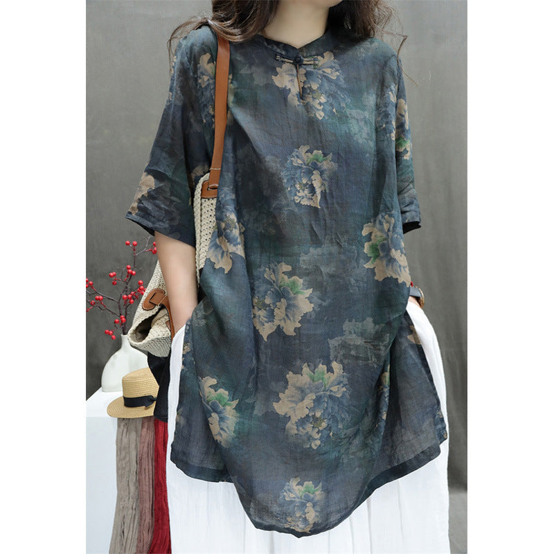 Stand Collar Buckle Loose Western Style Mid-length Shirt Dress