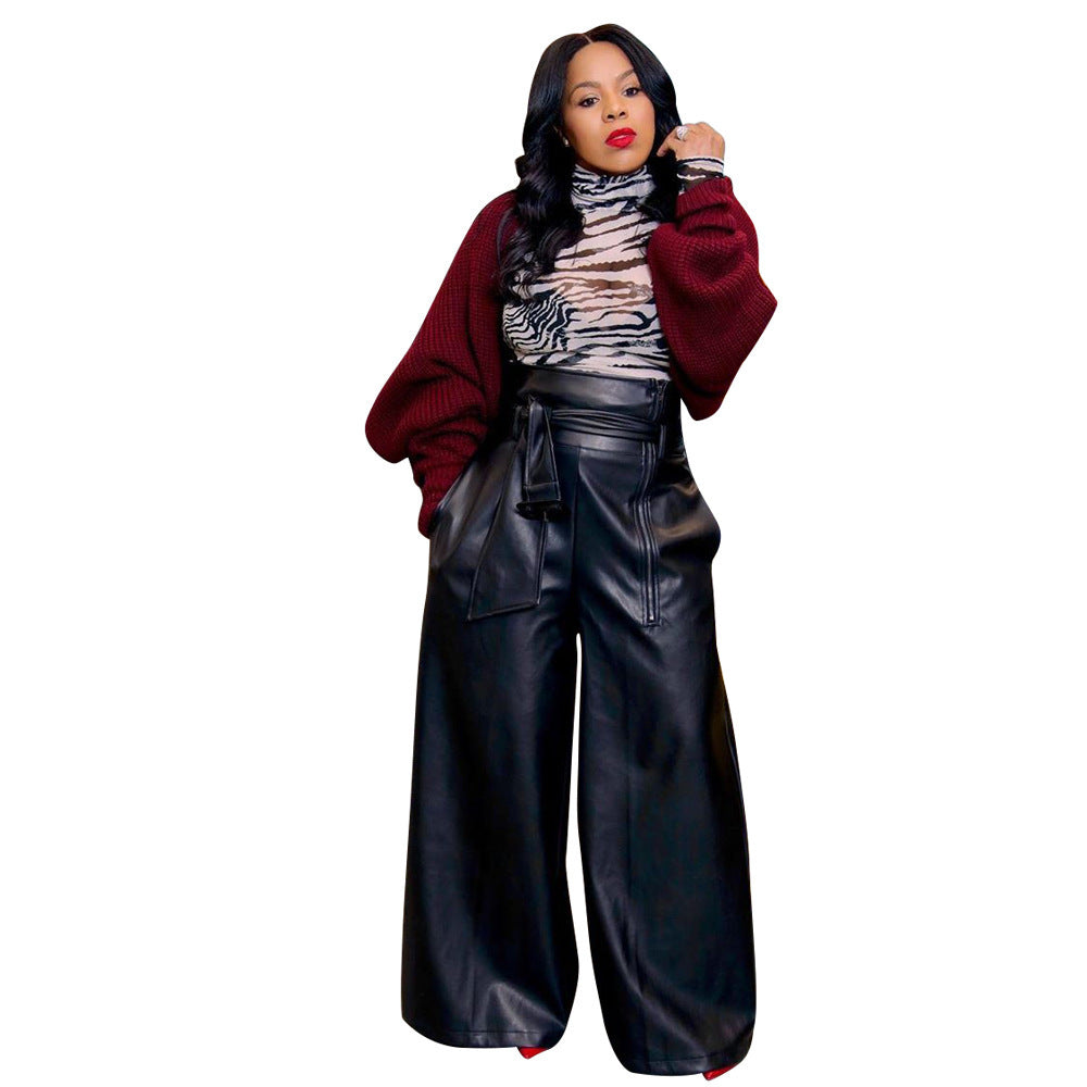 Womens PU High-waisted Wide-leg Pants