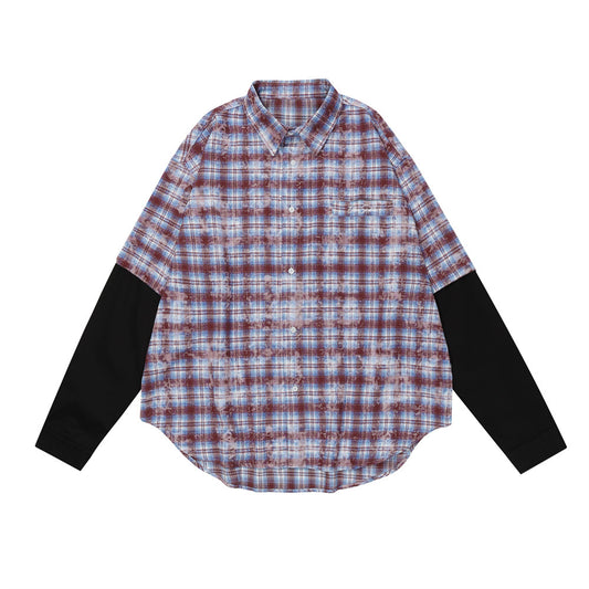 Tie-dye Blooming Plaid Shirt Men's False Two Pieces