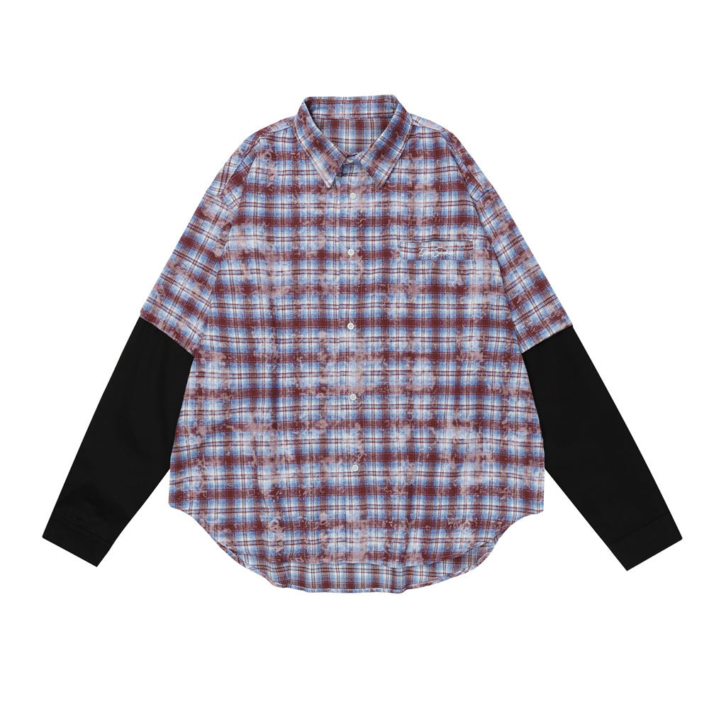 Tie-dye Blooming Plaid Shirt Men's False Two Pieces