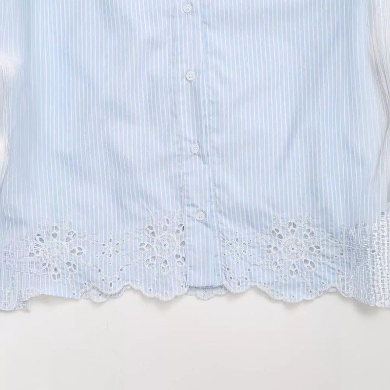 European And American Style Fashion All-match Hollow Embroidered Stripes Short Shirt