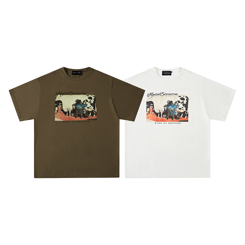 American Retro Distressed Painting Cow Short Sleeve