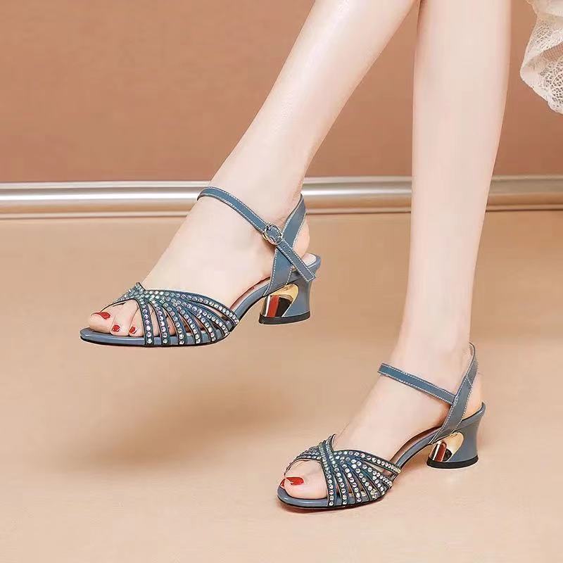 Woven Thin Strap Rhinestone Sandals Women's Chunky Heel