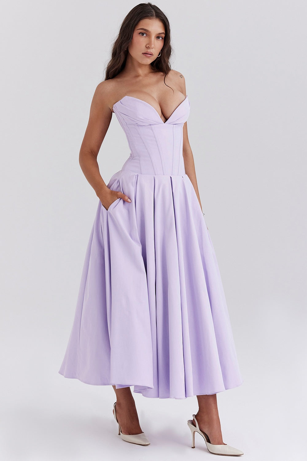 Solid-color V-neck Maxi-length Sleeveless Boned Bustier Elegant Sexy Figure-flattering Midi Dress