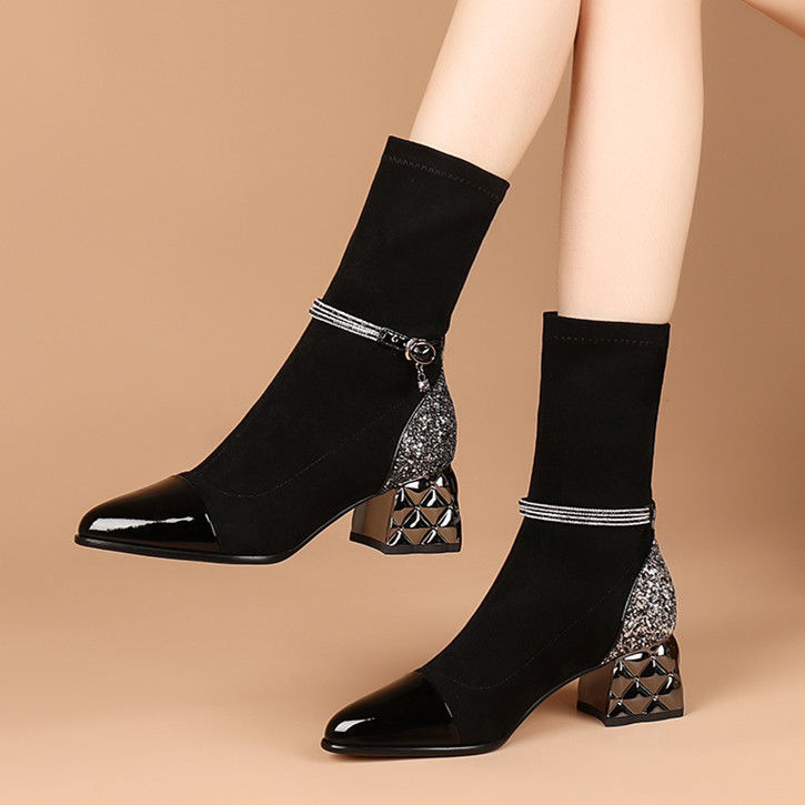 Women's Rhinestone Pointed Toe And Velvet High-heeled Ankle Boots