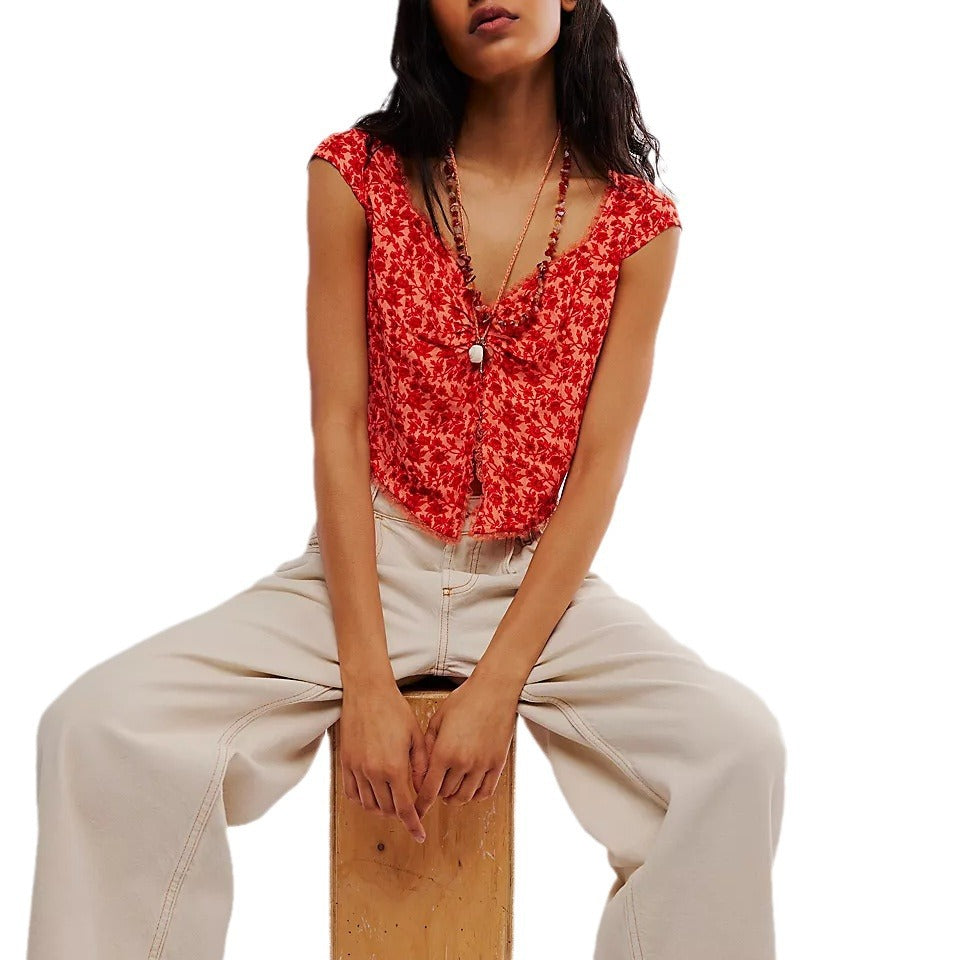Womens Floral V-Neck Midriff-Baring Cropped TopTube Top