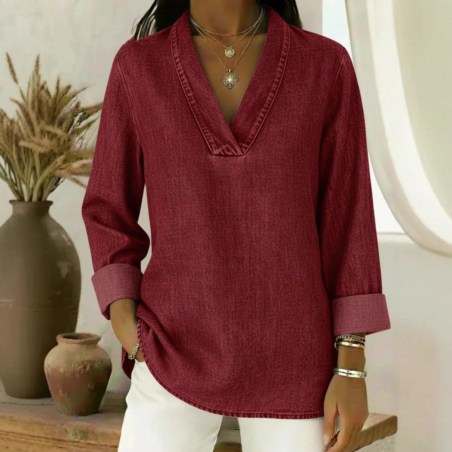 Three-quarter-sleeve Vintage Polo-collar Long-sleeve Shirt