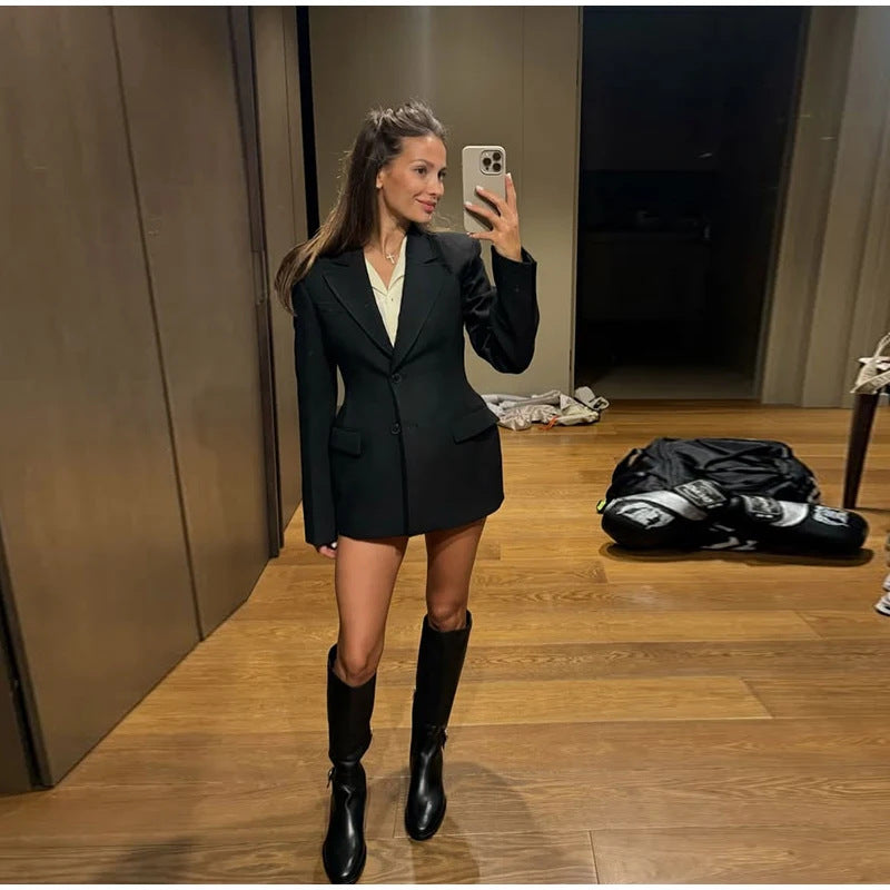 Women's Plus Size Suit Padded Shoulder Slim-fit Black Button Coat