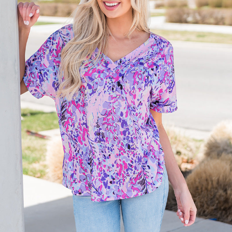 Loose Painted Flower Painting T-shirt Women Single Wear Paint Flower Casual Top Women