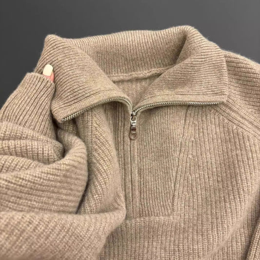 Raccoon Fur High Neck Semi-Zip Pullover Sweater Women