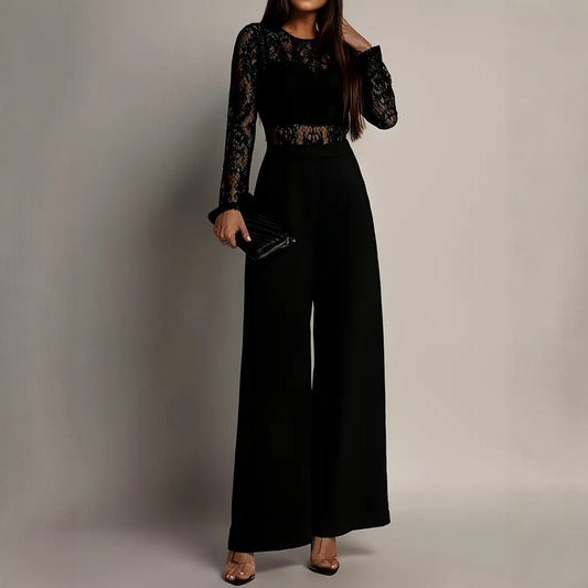 Womens Lace-Panel Long-Sleeve Wide-Leg Jumpsuit