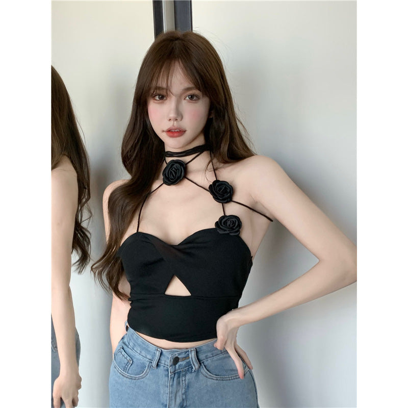 Women's Black Tight Halterneck Rose Suspender Summer Top