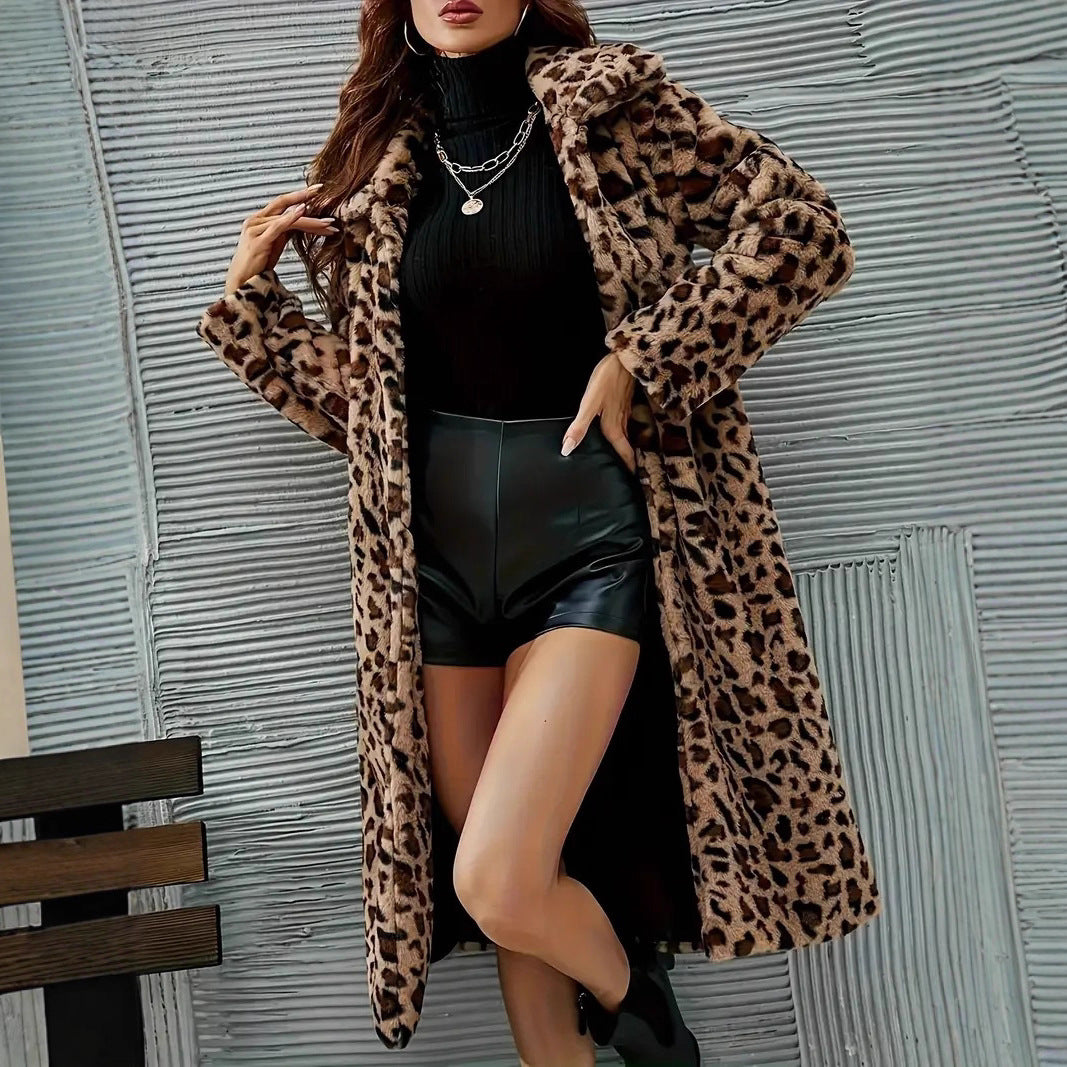 Mode løs afslappet mellemlang pels leopardprint frakke jakke trenchcoat