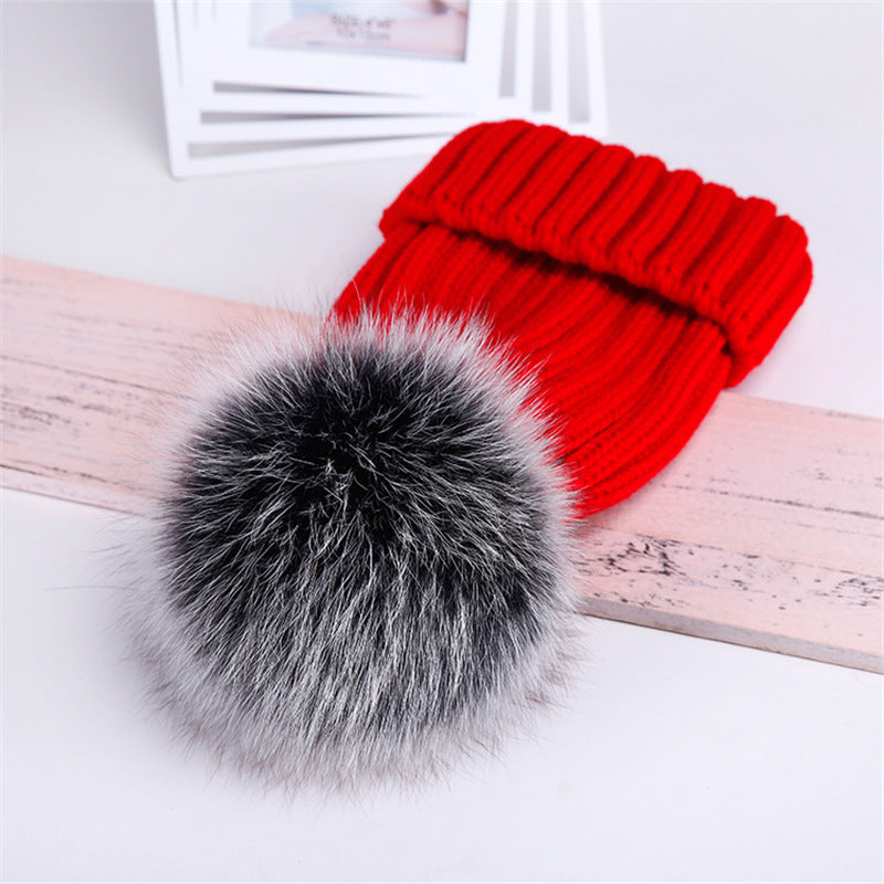 Oversized Warm Real Raccoon Fox Fur Ball Wool Hat