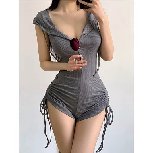 Hooded Drawstring Slim Sleeveless Backless Fitness One-piece Shorts