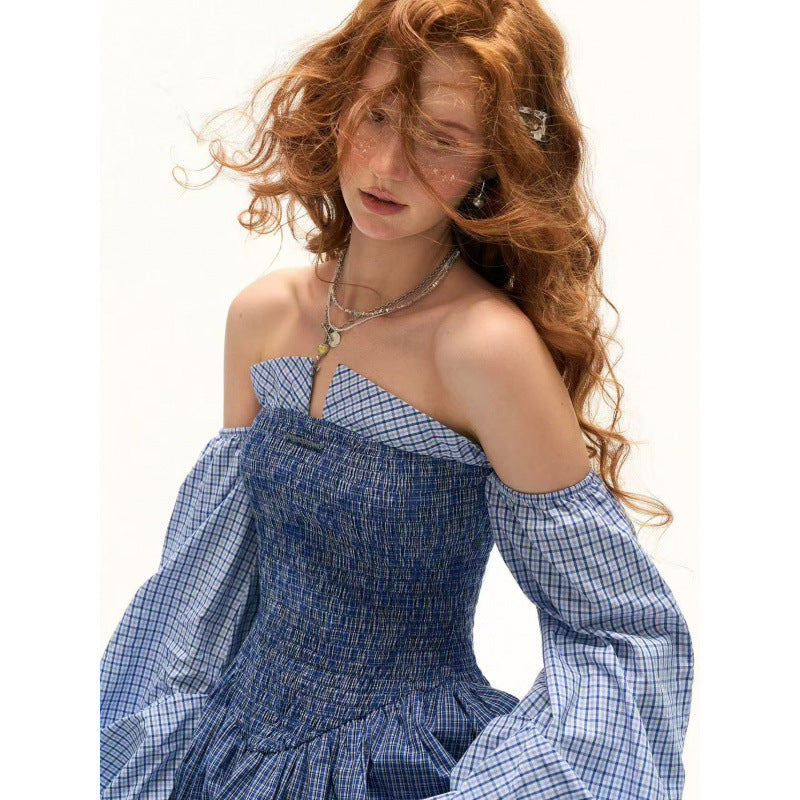 New Striped Ruched Tube-top Patchwork Dress