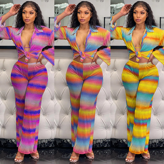 Women's Printed Pleated Stretch Shirt Trousers Suit