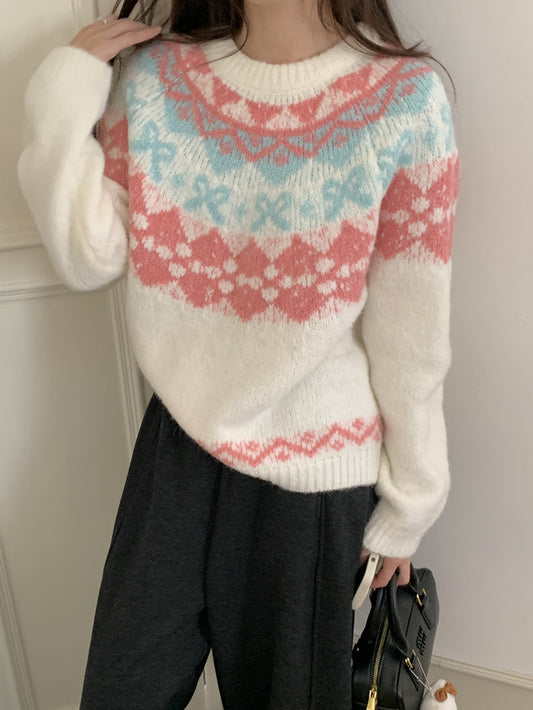 Loose Round Neck Contrast Jacquard Long Sleeve Knitted Top
