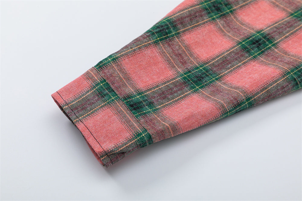 European And American Style Plaid Long Sleeve Hooded Shirt Coat