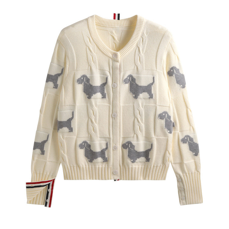 Design Dog Jacquard Twist Lazy Round Neck Knitted Cardigan