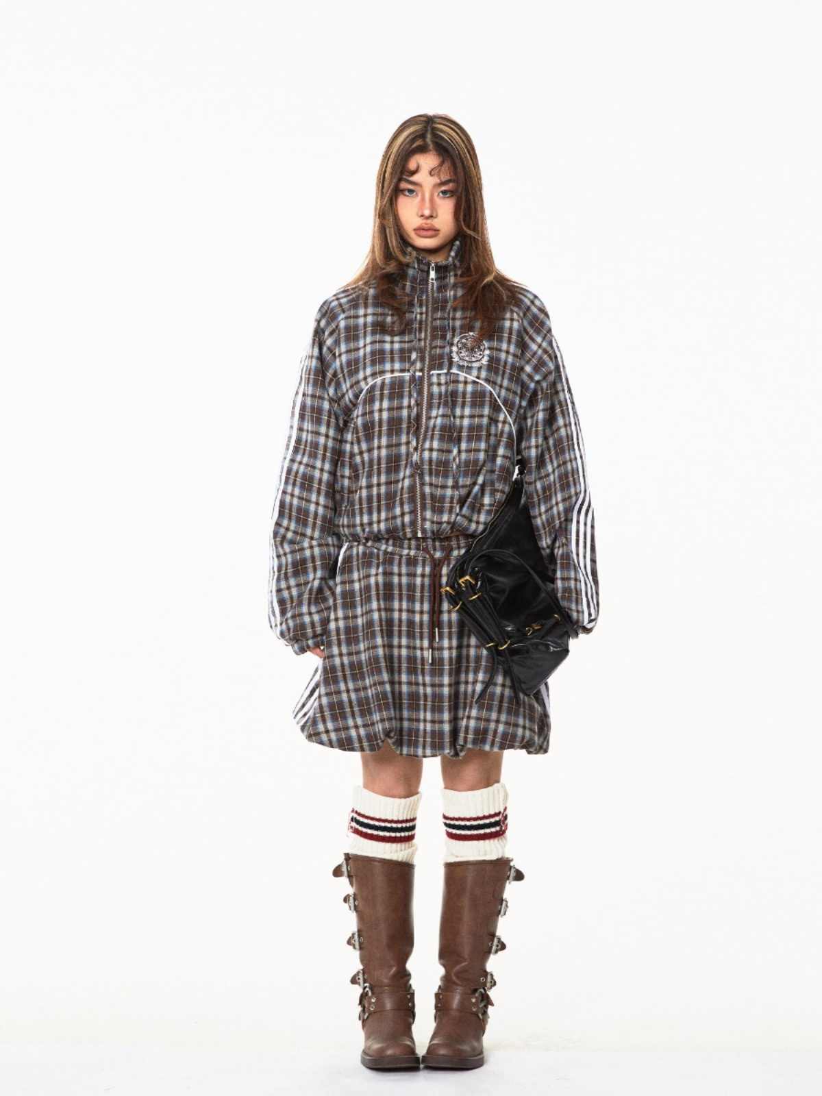 Sweet Cool Hot Girl Plaid Stitching Skirt Women
