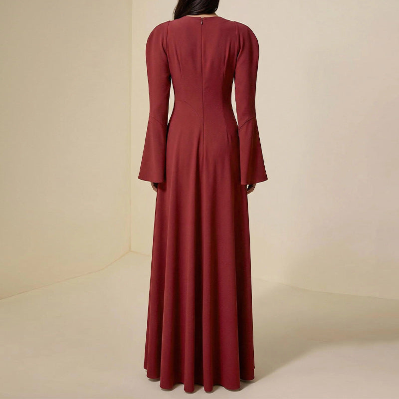 Round-neck Long-sleeve Minimalist Red Maxi Dress With A Fitted Waist And Panel Detailing