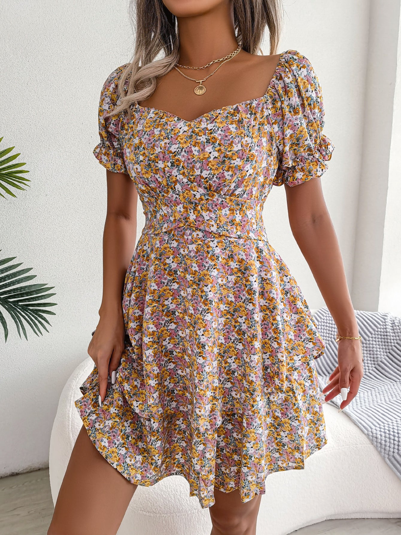 Women  Elegant Floral Print Tie Waist Flowy Dress