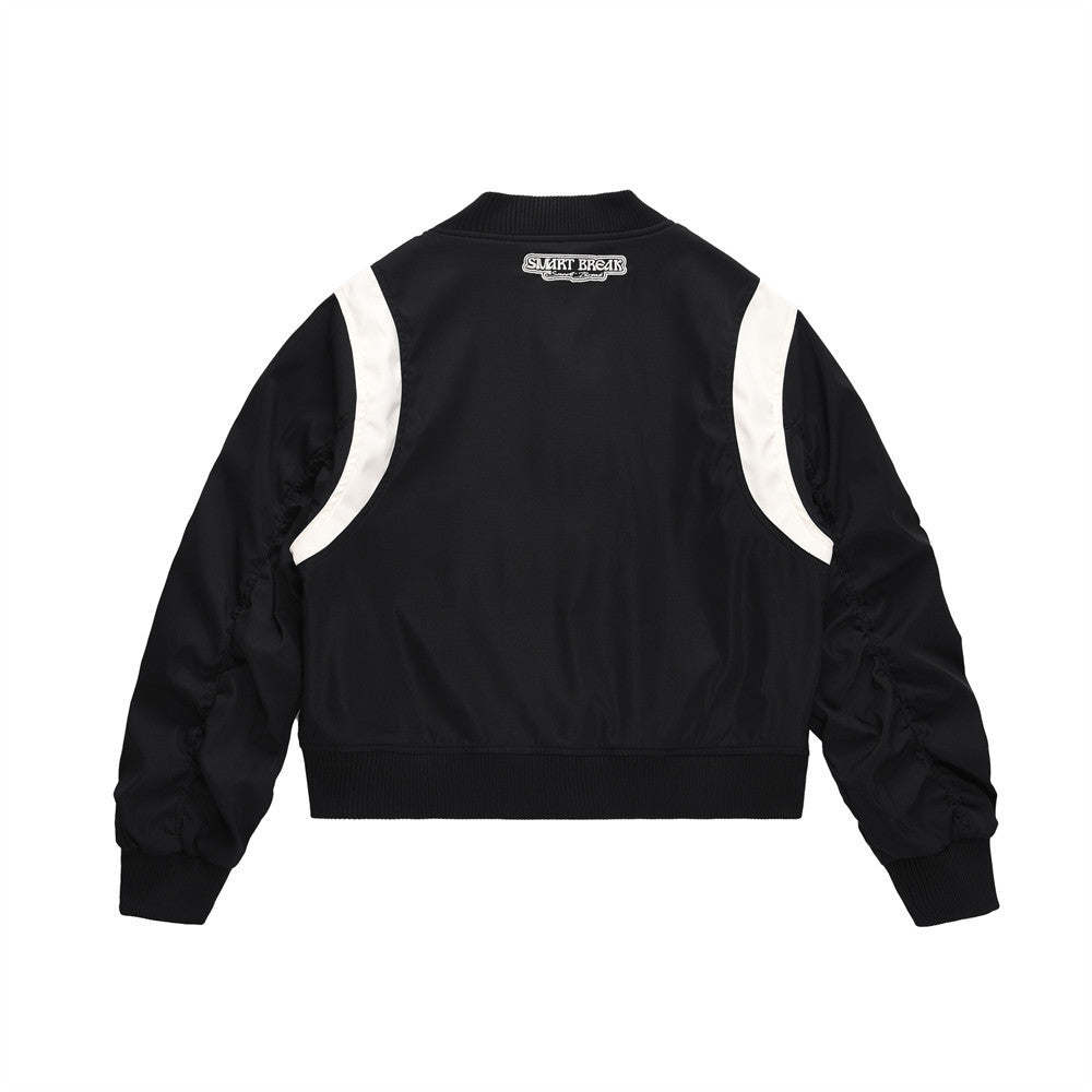Guochao High Street Design Sleeve Pleated Color Contrast Patchwork Jacket Jacket