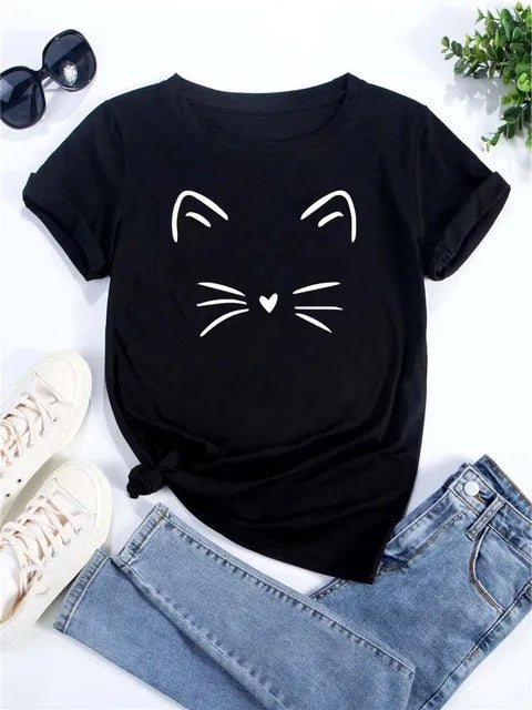 Womens Heart-Shaped Cat Crew-Neck Printed Short-Sleeve Top
