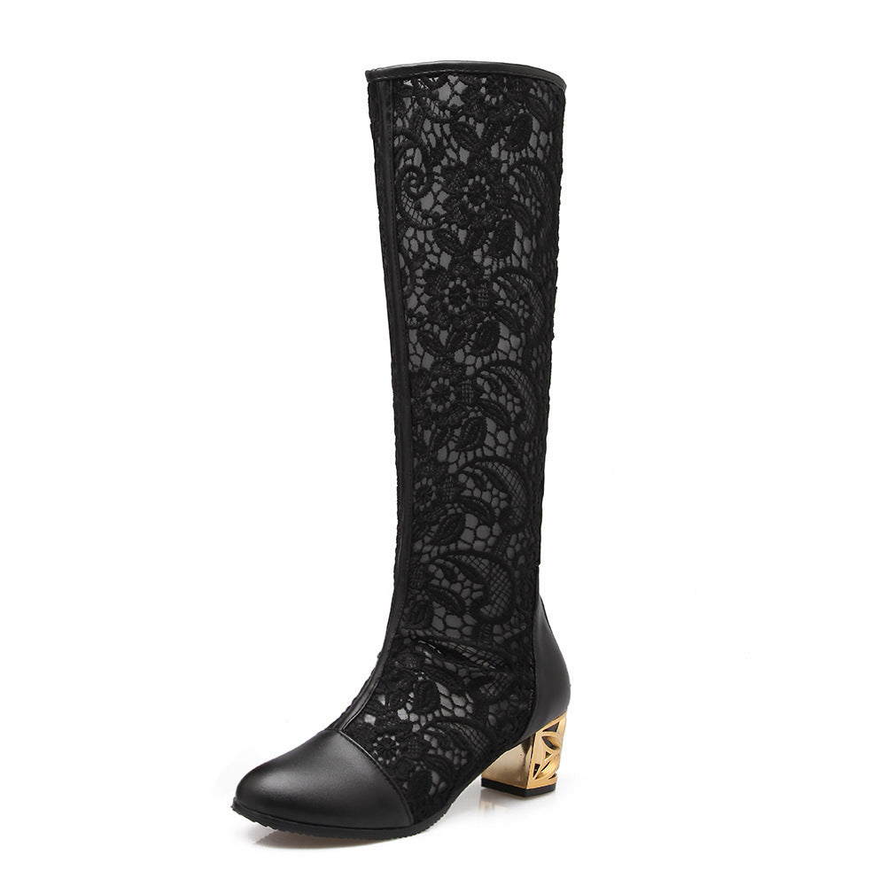 Round Toe Stitching Lace Back-zip Boots Chunky Heel Women's Sandals