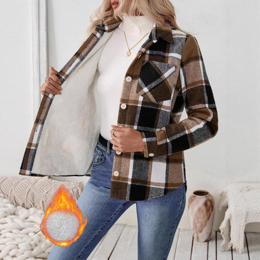Woolen Woven Plaid Button Shirt Collar Jacket Top