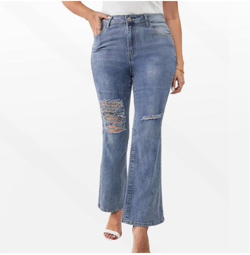 Plus-size Fashionable Casual Ripped Denim Jeans For Women