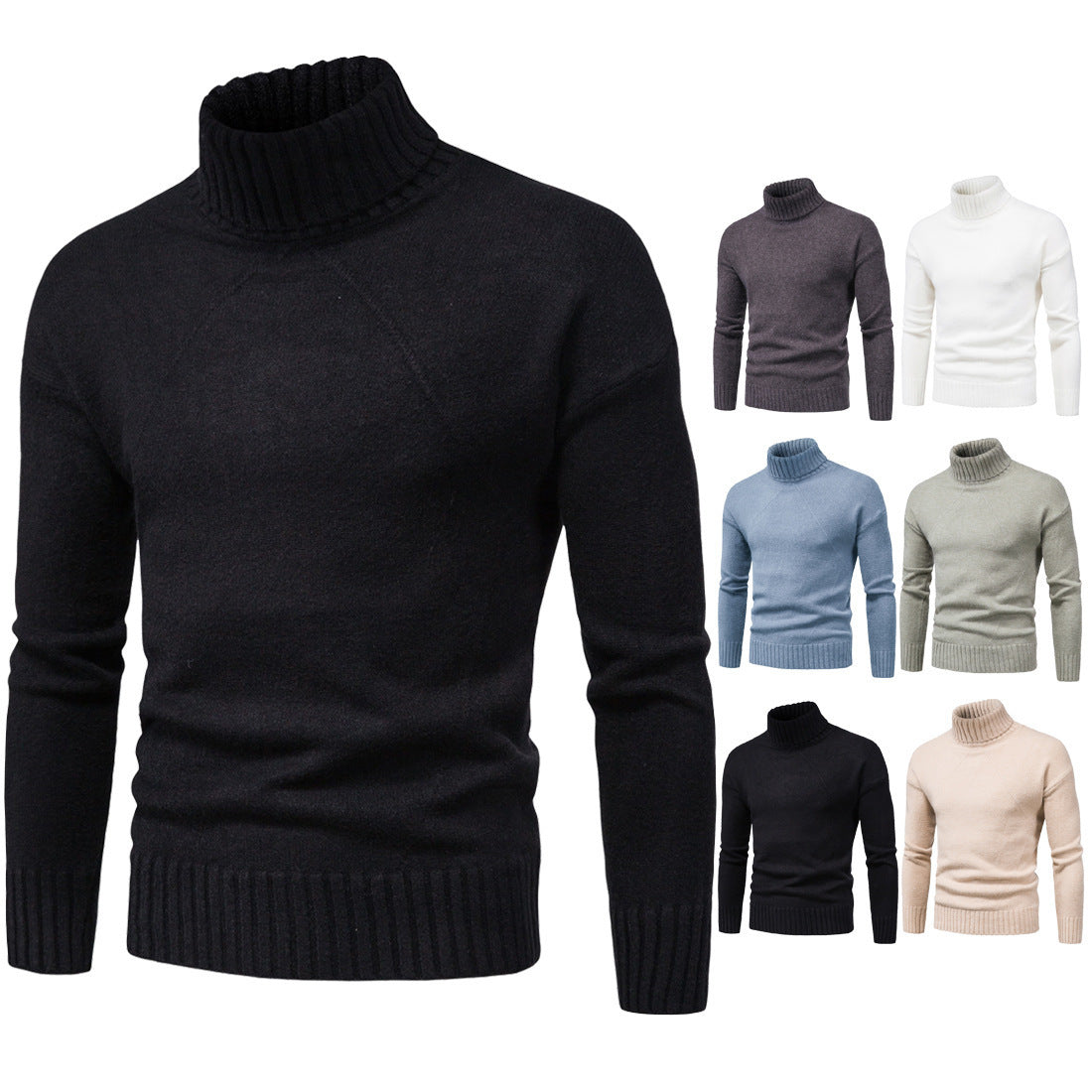 Herre ensfarvet strik højhalset sweater