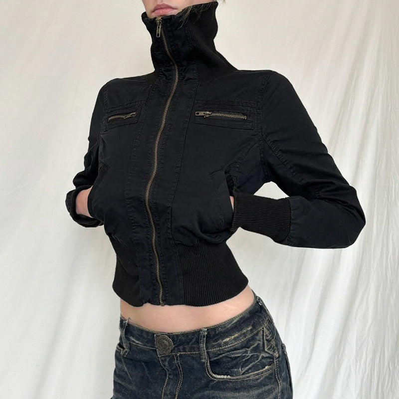 American-style Waist-tight Slimming Zipper Cardigan Woven Turtleneck Solid Color Coat