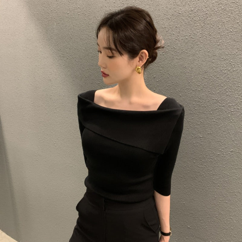 Women's Gentle Temperament Slim Fit One-Line Neck Knit Sweater