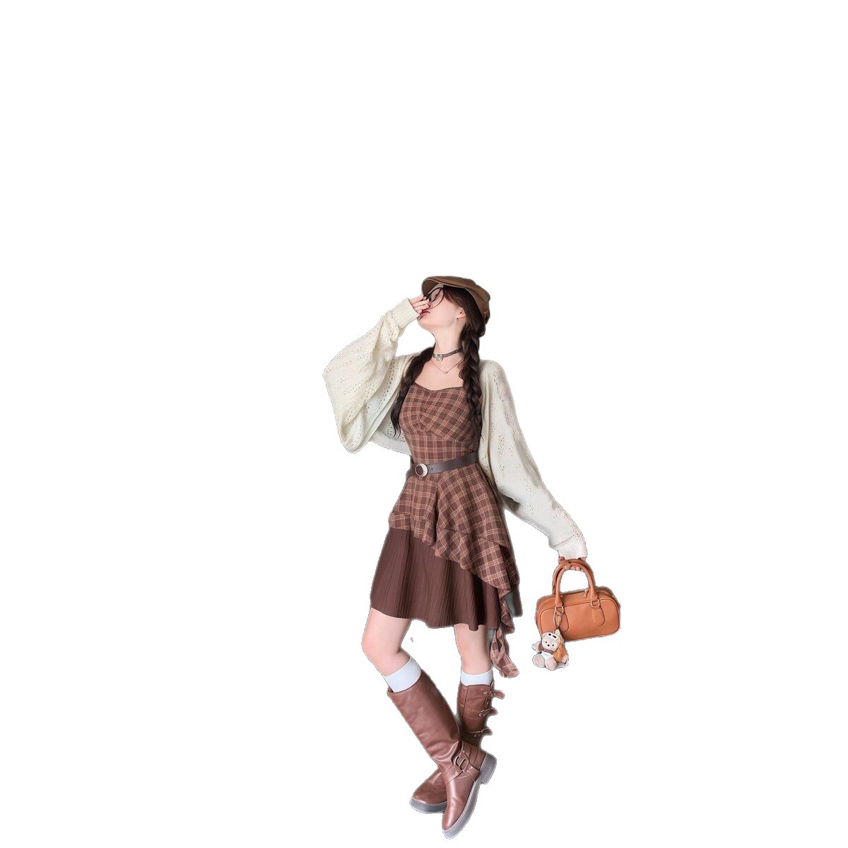 Fashionable Cardigan And Asymmetrical Waist-Slimming Slimming Dress Set For Women