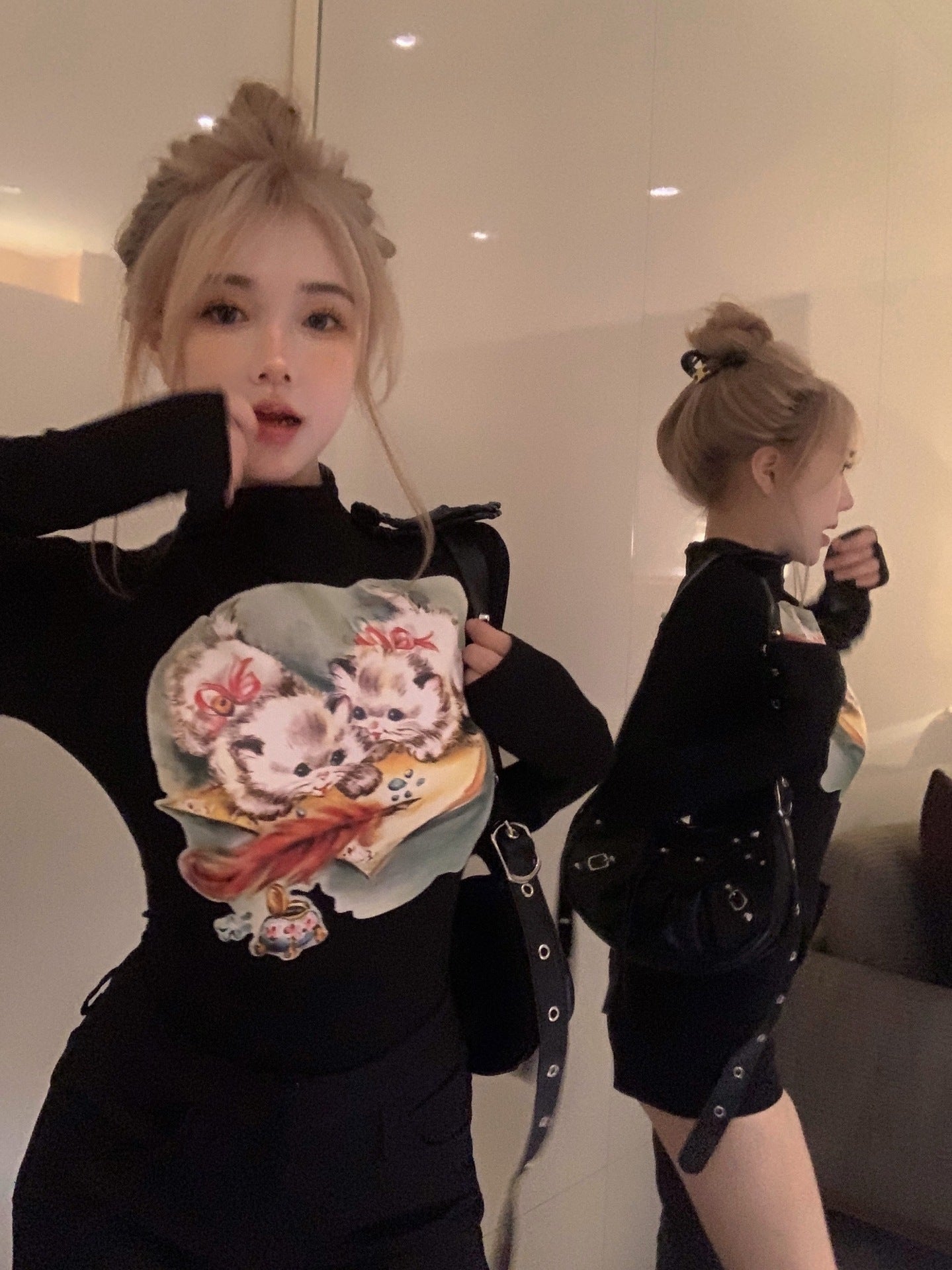 Dopamin Kat Print Langærmet T-shirt Tidlig Efterår