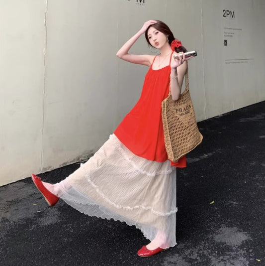 Loose-fitting Halterneck Sleeveless Camisole Womens Mesh A-line Skirt Two-piece Set