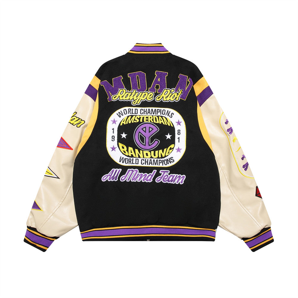 Letter Machine Embroidery Baseball Uniform Men's Hip Hop Stitching PU Leather Jacket