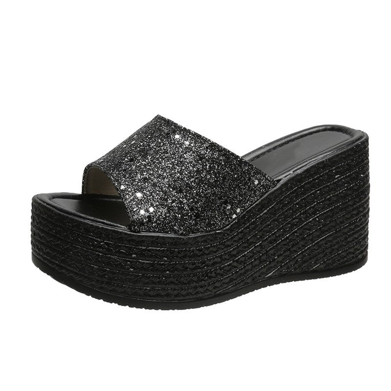 Thick Sole Sequin Mesh Red Fashion Casual Slippers