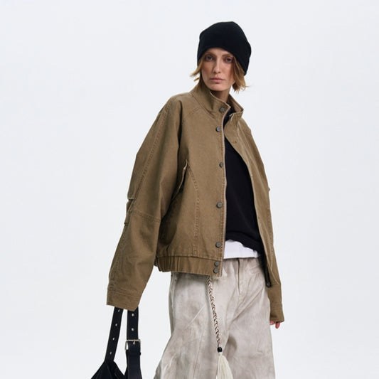 American Barn Style Color Block Leather Collared Jacket