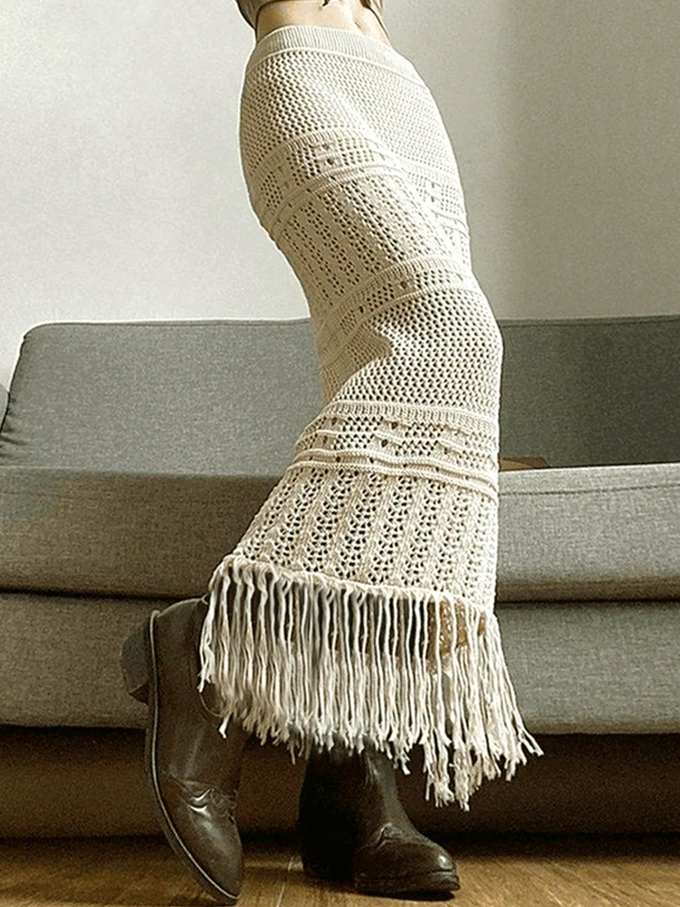 Womens Knitted Skirt With Hollowed-Out Design Tassel Trim And Solid Color