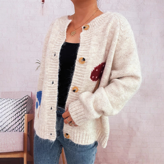 Mushroom Jacquard Contrast Color Knitted Coat Casual Loose Sweater