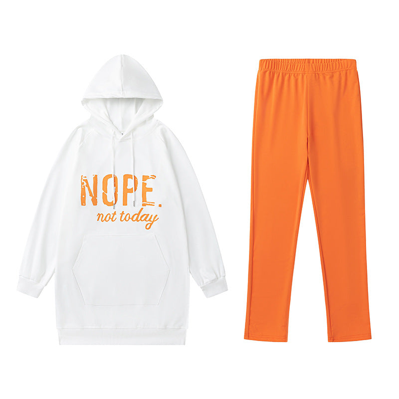 Letter Print Pocket Slit Casual Long Sleeve Hooded Casual Set