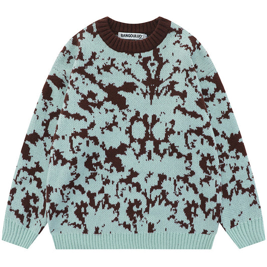 Azure And Other Smoky Rain European And American Dark Contrasting Color Jacquard Knitwear Men's And Women's Round Neck Sweater