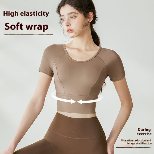 Yoga Clothes Women's Mesh Cross Back Short Sleeve Workout Top