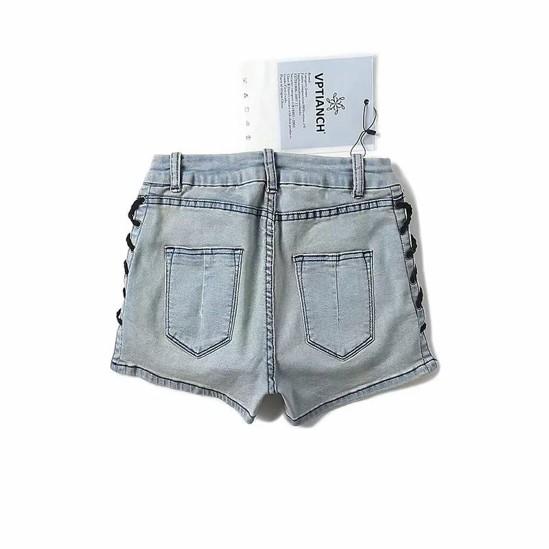 Heavy Industry Lace-Up Denim Shorts Women European And American Trend Women's Pants