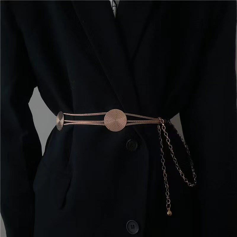 High-grade Multi-layer Metal Chain Waist Chain Women's Accessory Small Fragrance Style With Skirt Metal Cutout Round Piece Decorative Suit
